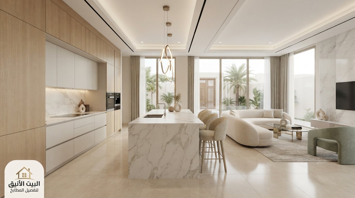 تصميم مطبخ مفتوح على الصالة في الرياض بتصميم مودرن وجزيرة مطبخ أنيقة